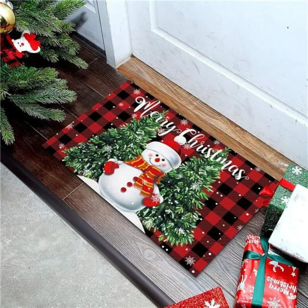 Snowman Trees Entrance Door Mat, Red Plaid Low Profile Tradition Christmas Decor